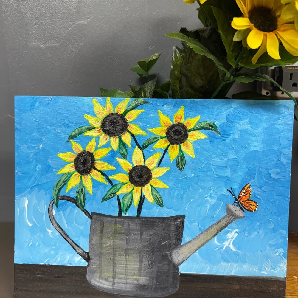 Whimsical Yellow and Blue Sunflower Painting